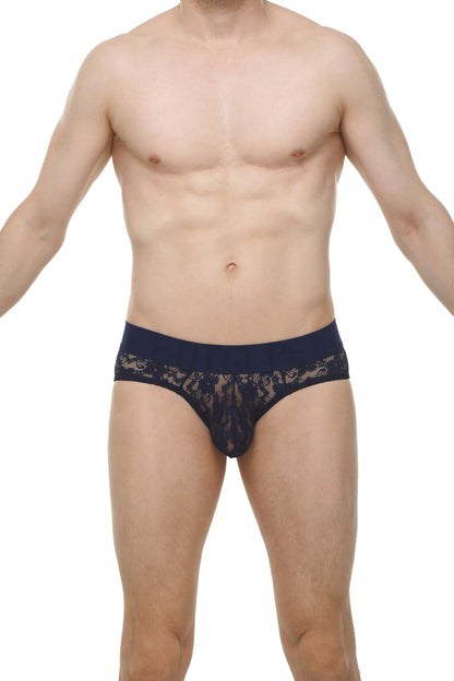 Navy blue brief dome lace briefs with sheer intricate floral lace pattern and solid waistband front view