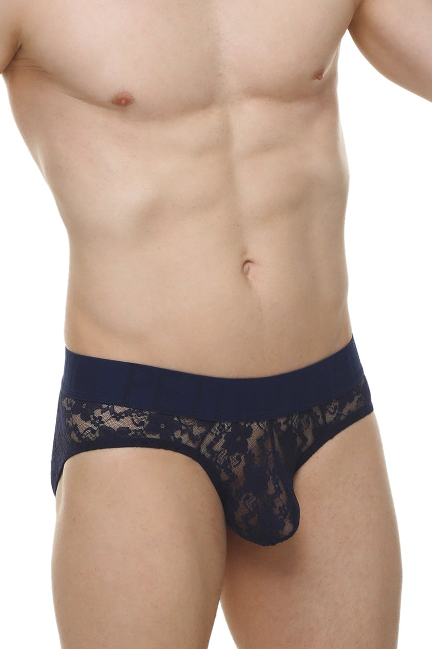 Navy blue lace-trimmed men’s briefs with sheer patterned fabric from Brief Dome lace navy collection