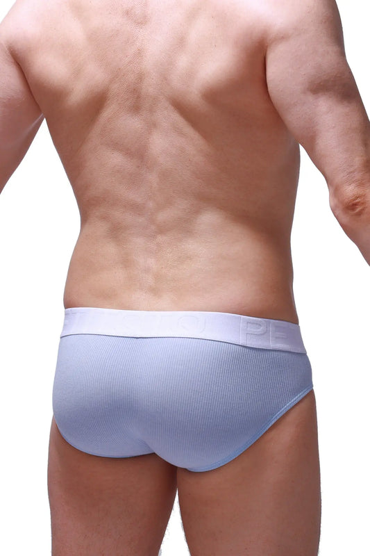 Light blue ribbed cotton briefs with white elastic waistband and subtle logo from brief dome rib sky blue collection