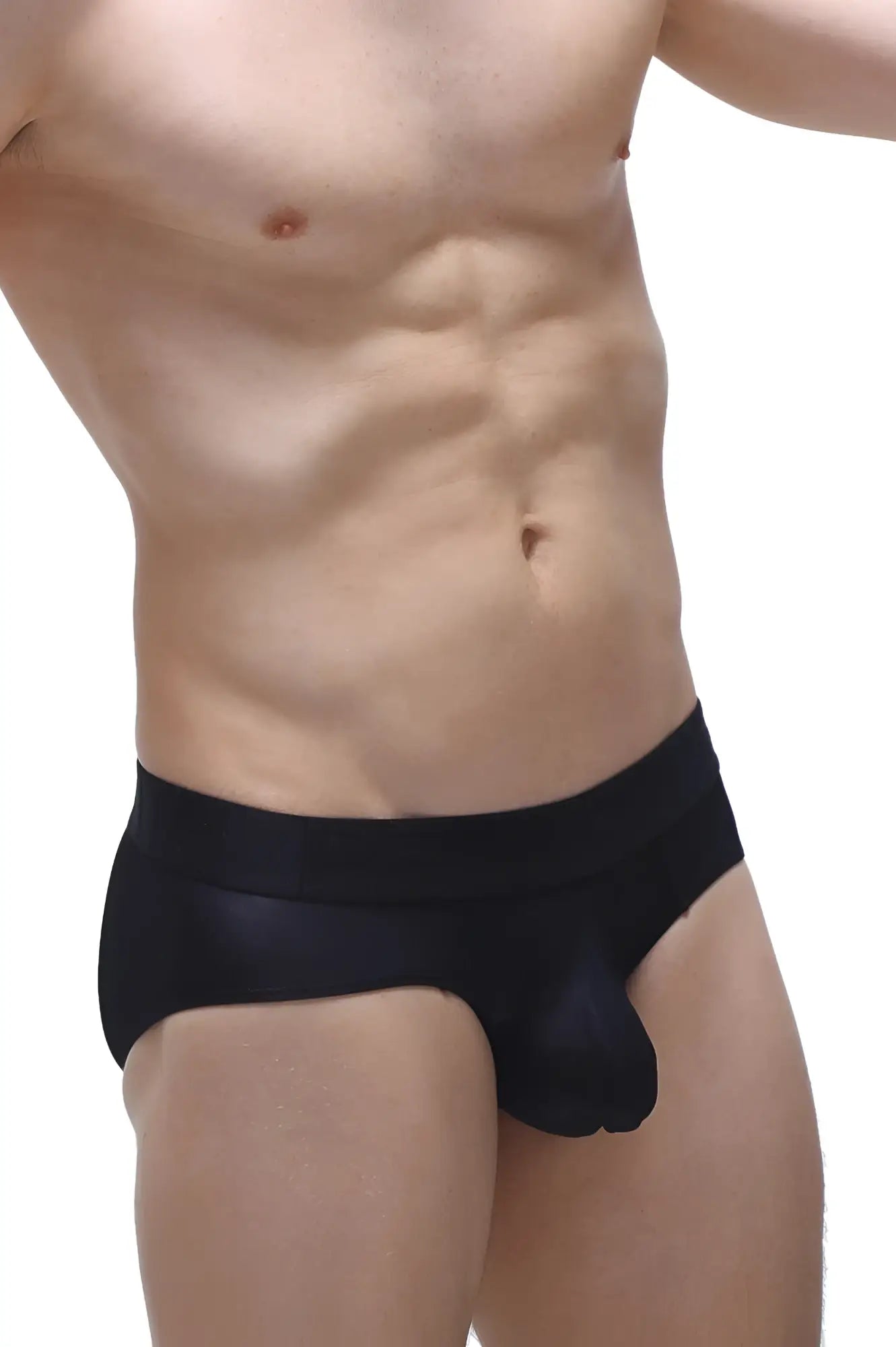 Black men’s briefs with smooth form-fitting voile fabric in black for comfortable everyday wear