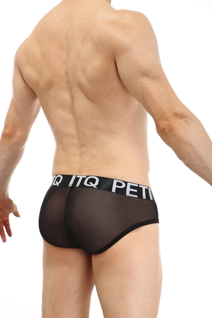 Black sheer mesh briefs with a black elastic waistband featuring white petitq lettering brief double pouch sitges