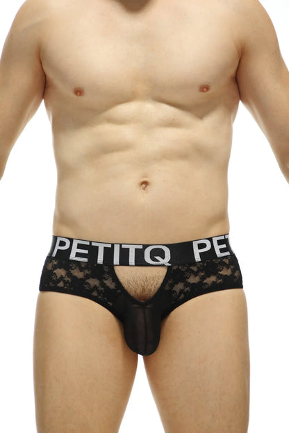 Brief ethel black lace mens underwear with sheer mesh front and branded waistband in black lace material