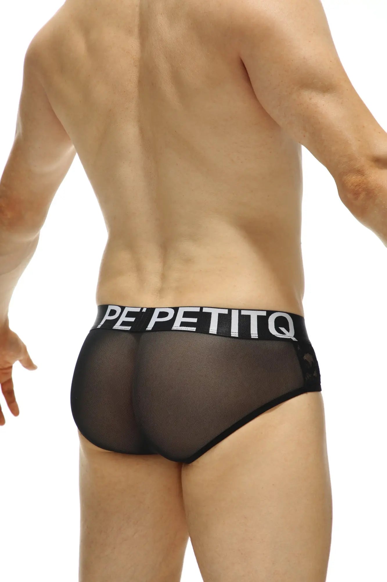 Brief ethel black lace sheer mesh briefs with black elastic waistband and pepetitq logo in white lettering