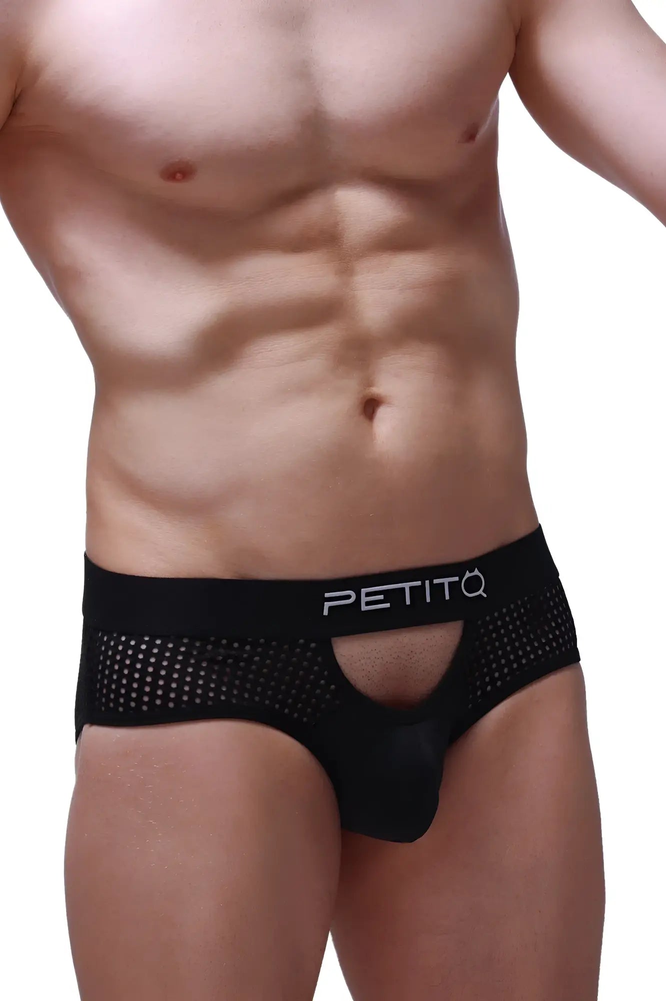 Black mesh briefs brief ethel durtol with central cutout and petitq logo on waistband