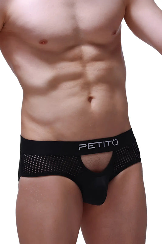 Black mesh briefs brief ethel durtol with central cutout and petitq logo on waistband