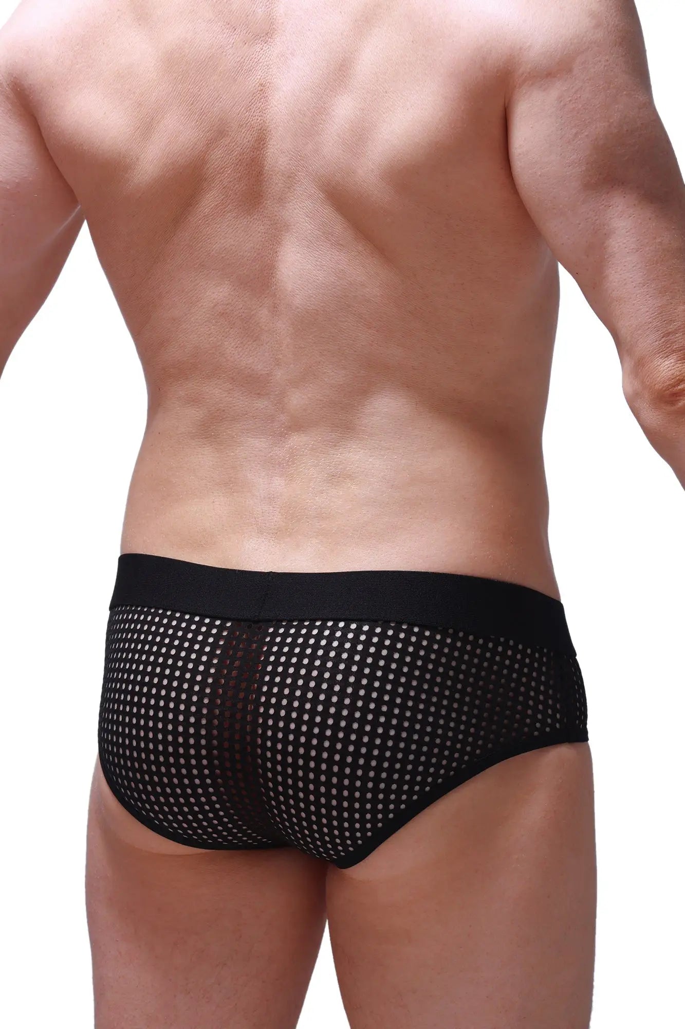 Brief ethel durtol black black mesh briefs with white dot pattern and solid black waistband, front view