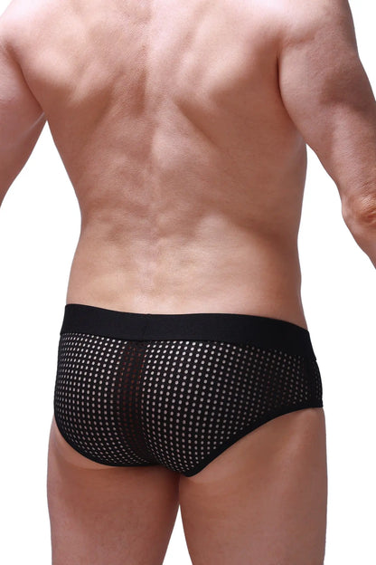 Brief ethel durtol black black mesh briefs with white dot pattern and solid black waistband, front view