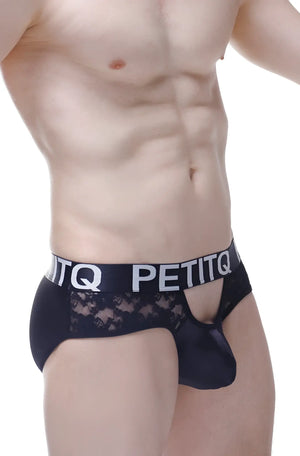 Black lace-trimmed satin brief ethel with bold petitq logo waistband for men’s underwear