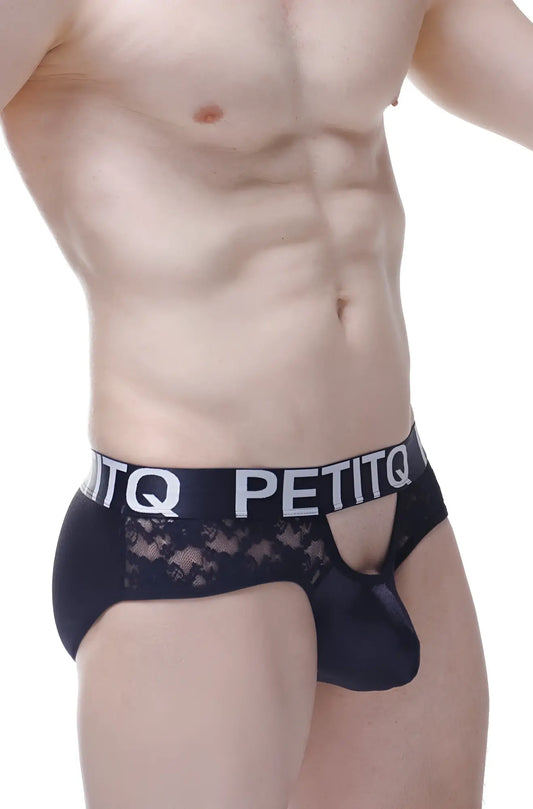 Black lace-trimmed satin brief ethel with bold petitq logo waistband for men’s underwear