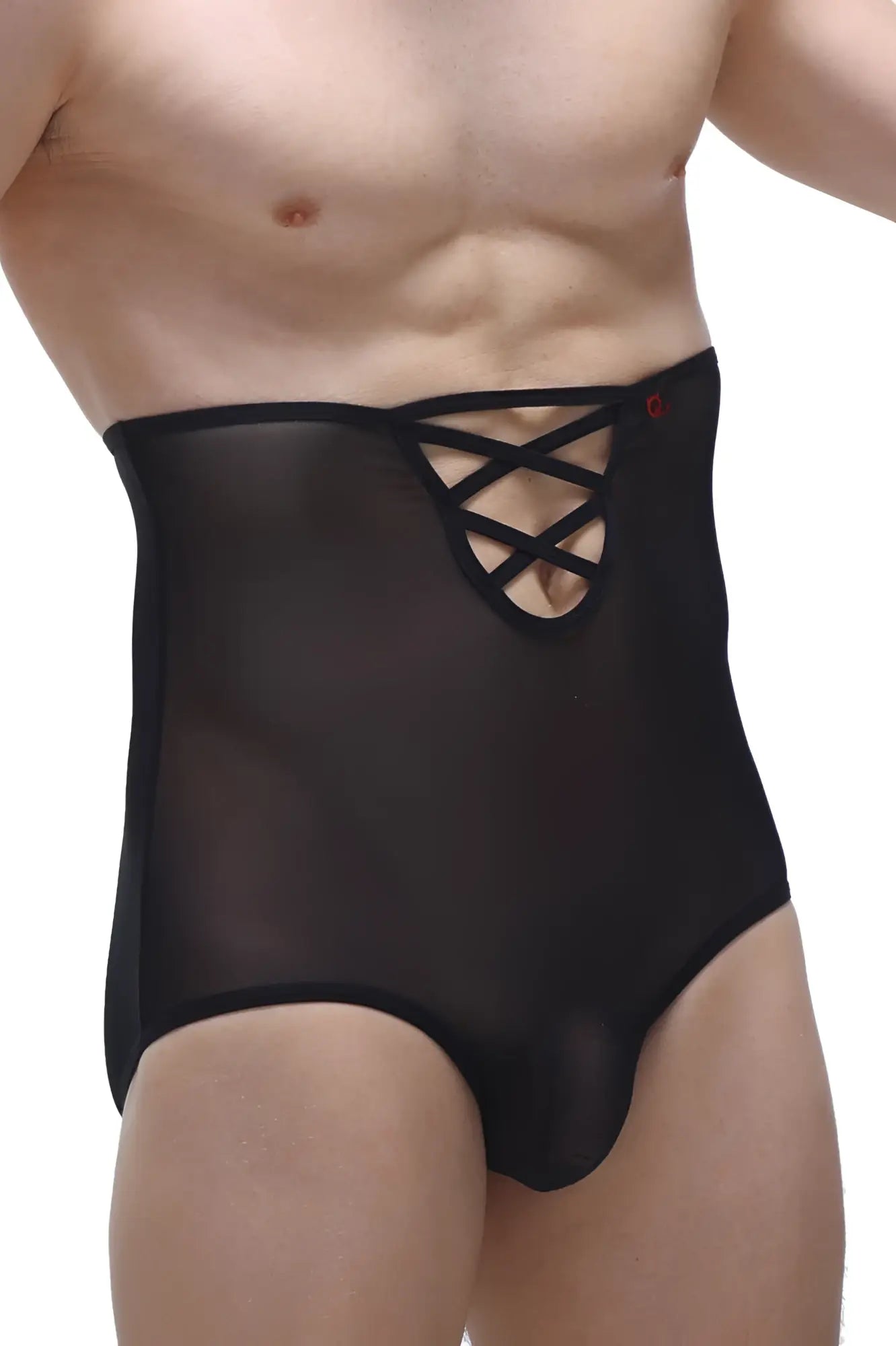 Brief gaine net black sheer black lace-up high-waisted men’s underwear with smooth form-fitting design