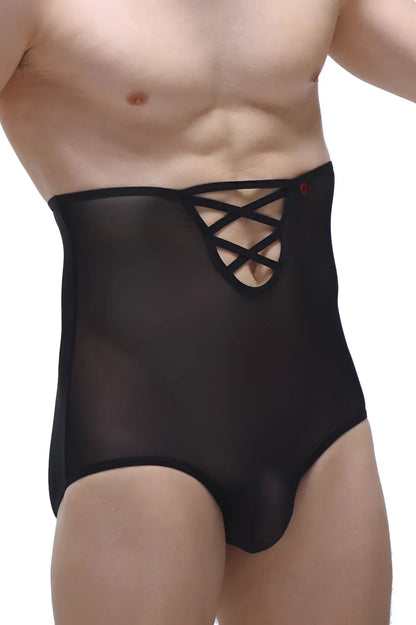 Brief gaine net black sheer black lace-up high-waisted men’s underwear with smooth form-fitting design