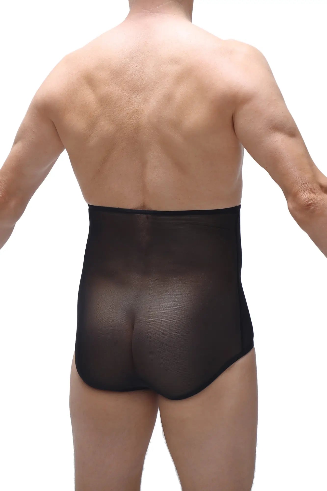 Black sheer mesh briefs with a gaine net design showing the back side of the product