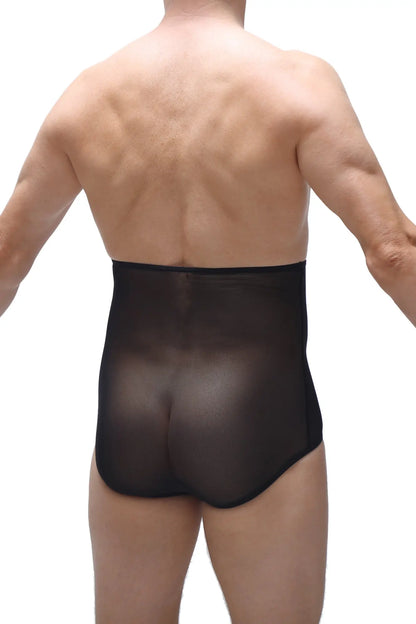 Black sheer mesh briefs with a gaine net design showing the back side of the product