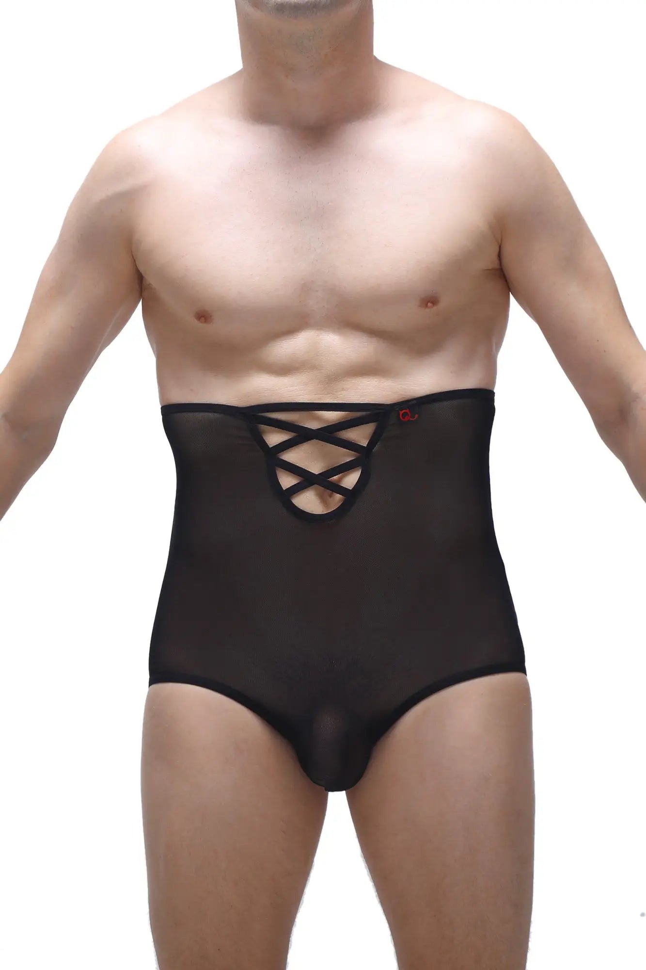 Brief gaine net black sheer mesh high-waisted underwear with lace-up front design in black lace