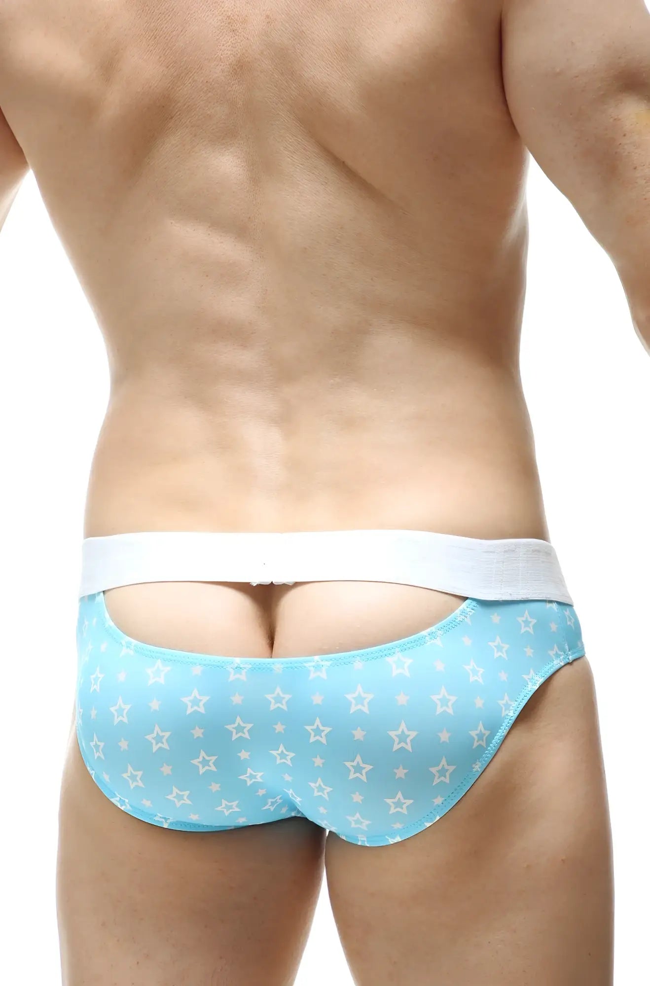 Light blue briefs with star patterns and a white elastic waistband from brief glimpse stars collection