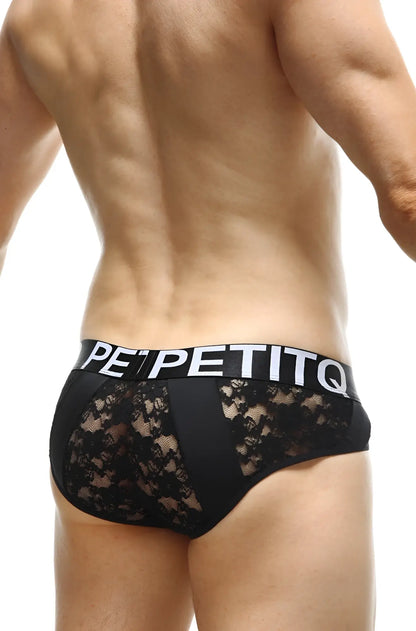 Black lace-trimmed briefs with a bold white petitq waistband featured in brief herm lace black design