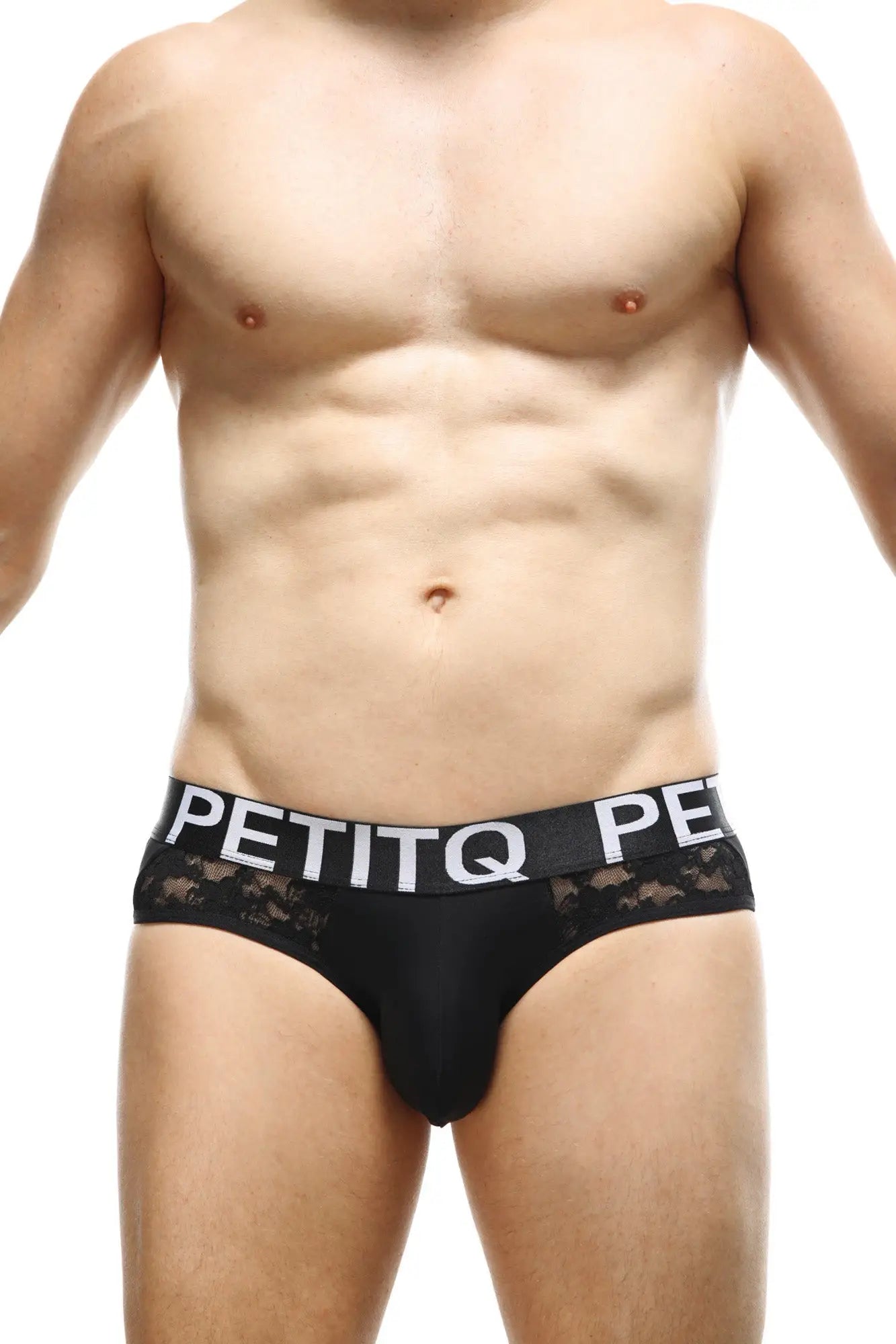 Black lace-trimmed men’s briefs with a white petitq logo band in brief herm lace black design
