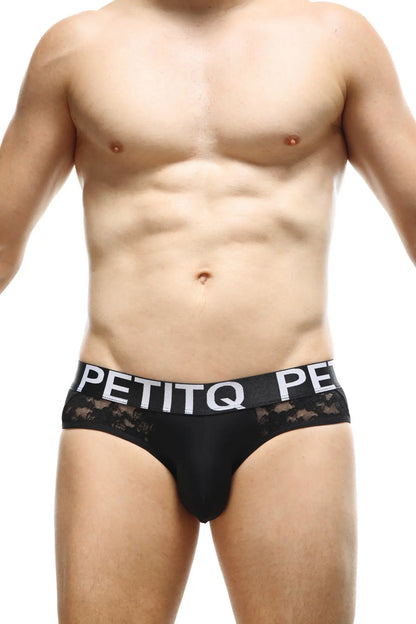 Black lace-trimmed men’s briefs with a white petitq logo band in brief herm lace black design