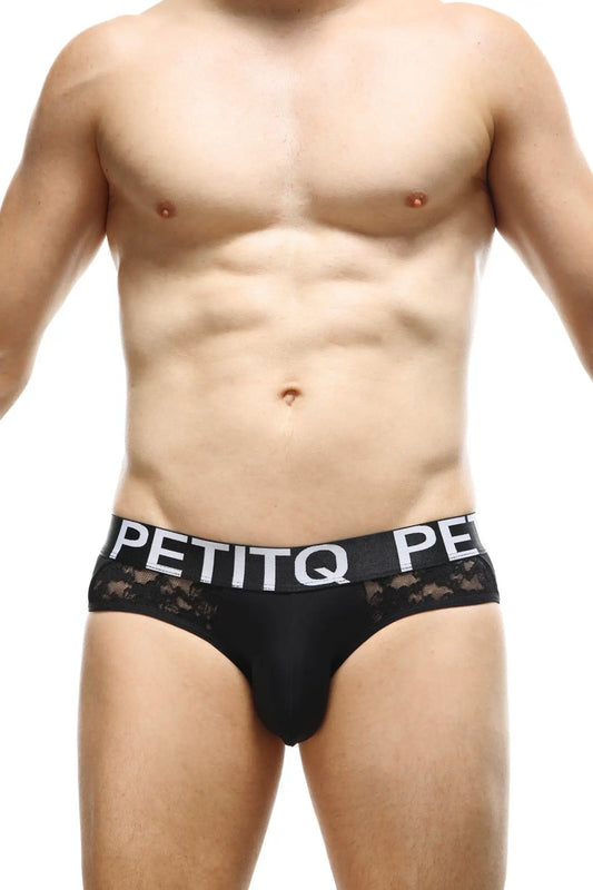 Black lace-trimmed men’s briefs with a white petitq logo band in brief herm lace black design