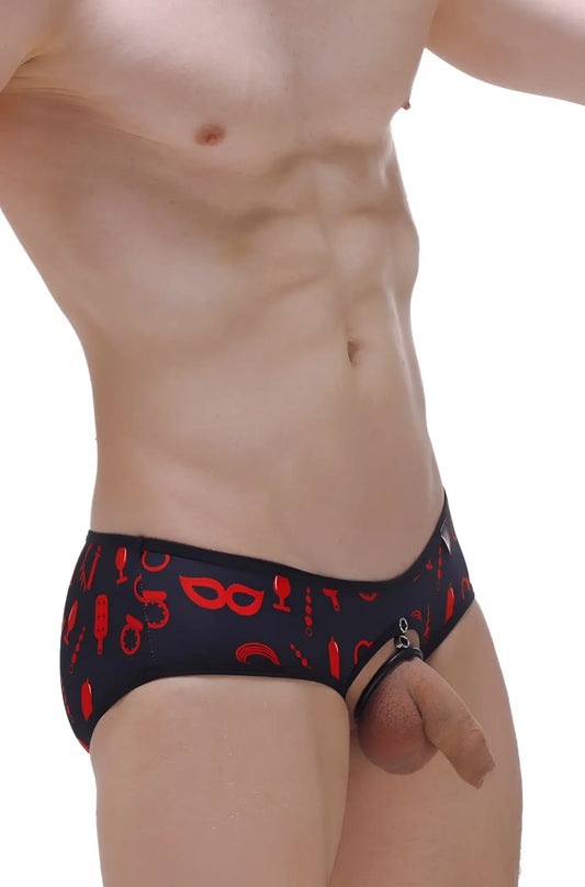 Black briefs with red erotic patterns and a front zipper detail from brief hole cockring boudoir collection