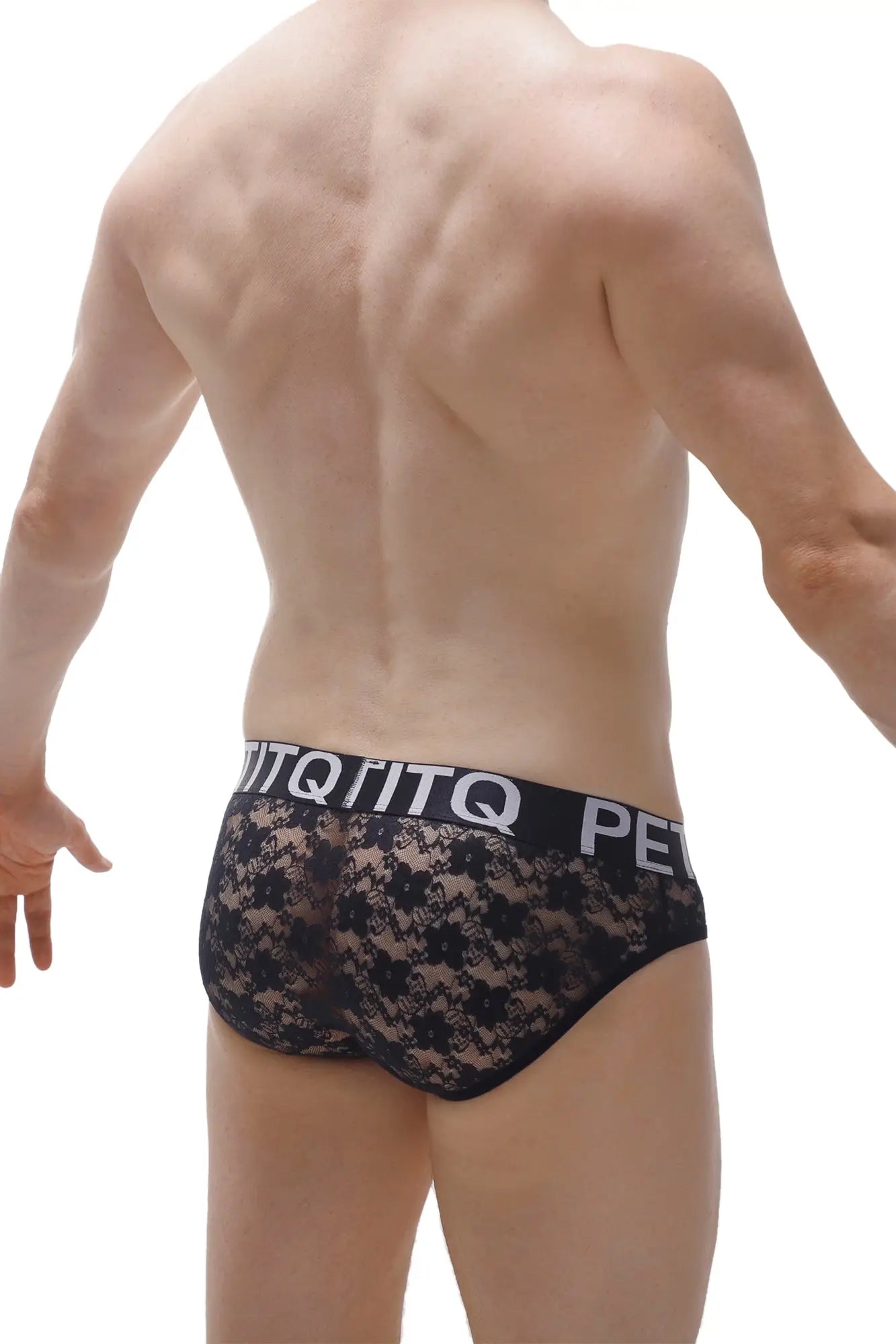 Black lace briefs with contrasting black elastic waistband and white lettering from brief jans lace black collection
