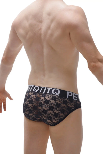 Black lace briefs with contrasting black elastic waistband and white lettering from brief jans lace black collection