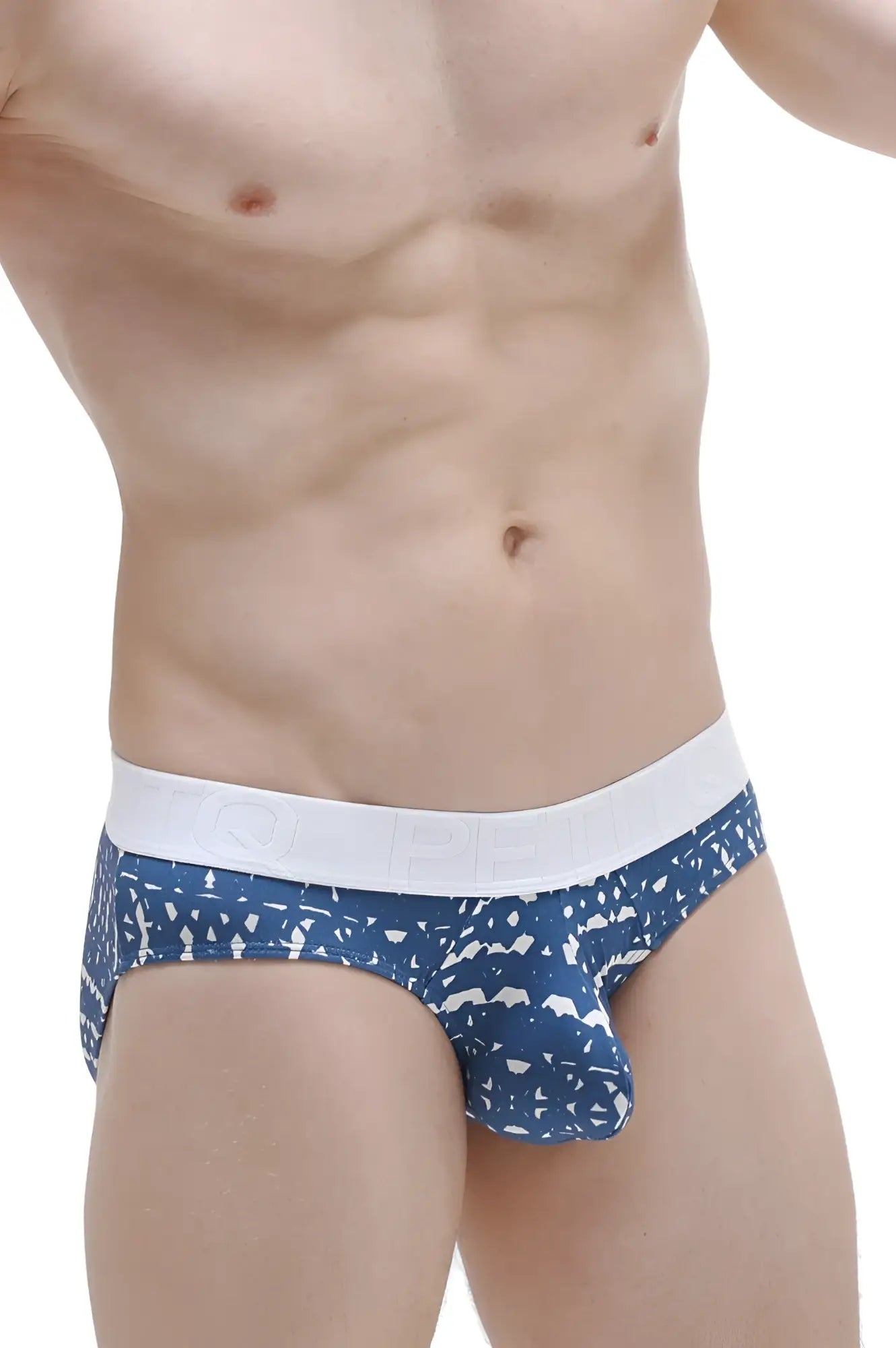 Blue patterned men’s briefs with white elastic waistband from brief Jans new denim collection