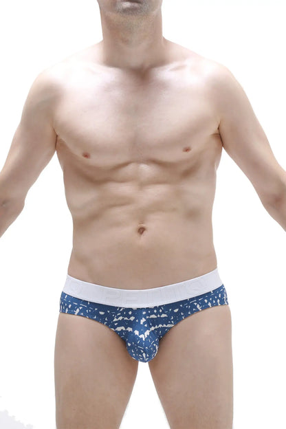 Blue patterned briefs with a white waistband in denim fabric from brief jans new denim collection