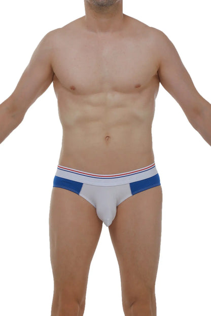 White briefs with blue side panels and a red white navy striped waistband from brief linay bigout blue collection