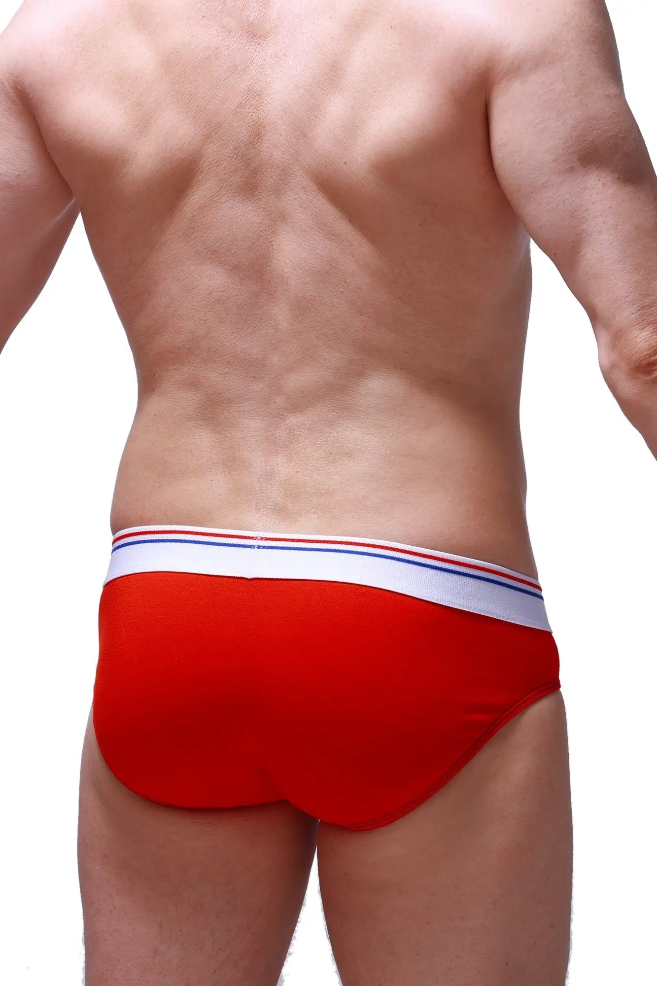 Brief linay modal red features red briefs with a white waistband accented by thin blue and red stripes