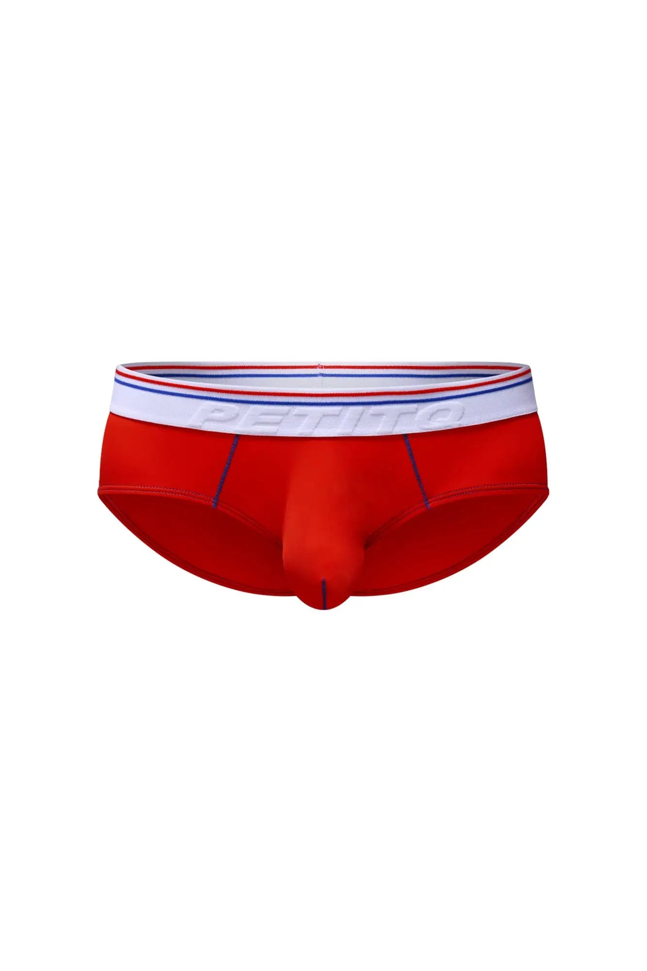 Red brief lordat men’s briefs with white elastic waistband, blue and red stripes, embossed petitbag branding