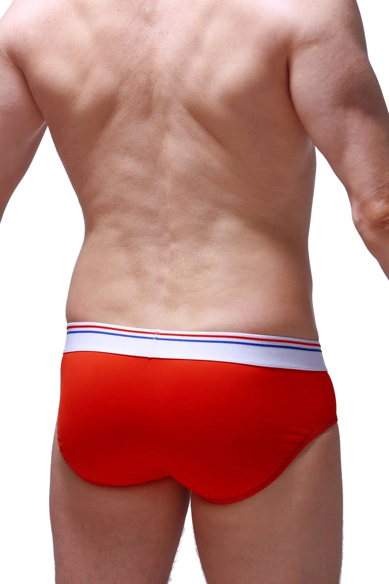 Red briefs lordat with white waistband and thin red and blue stripes designed for comfortable everyday wear