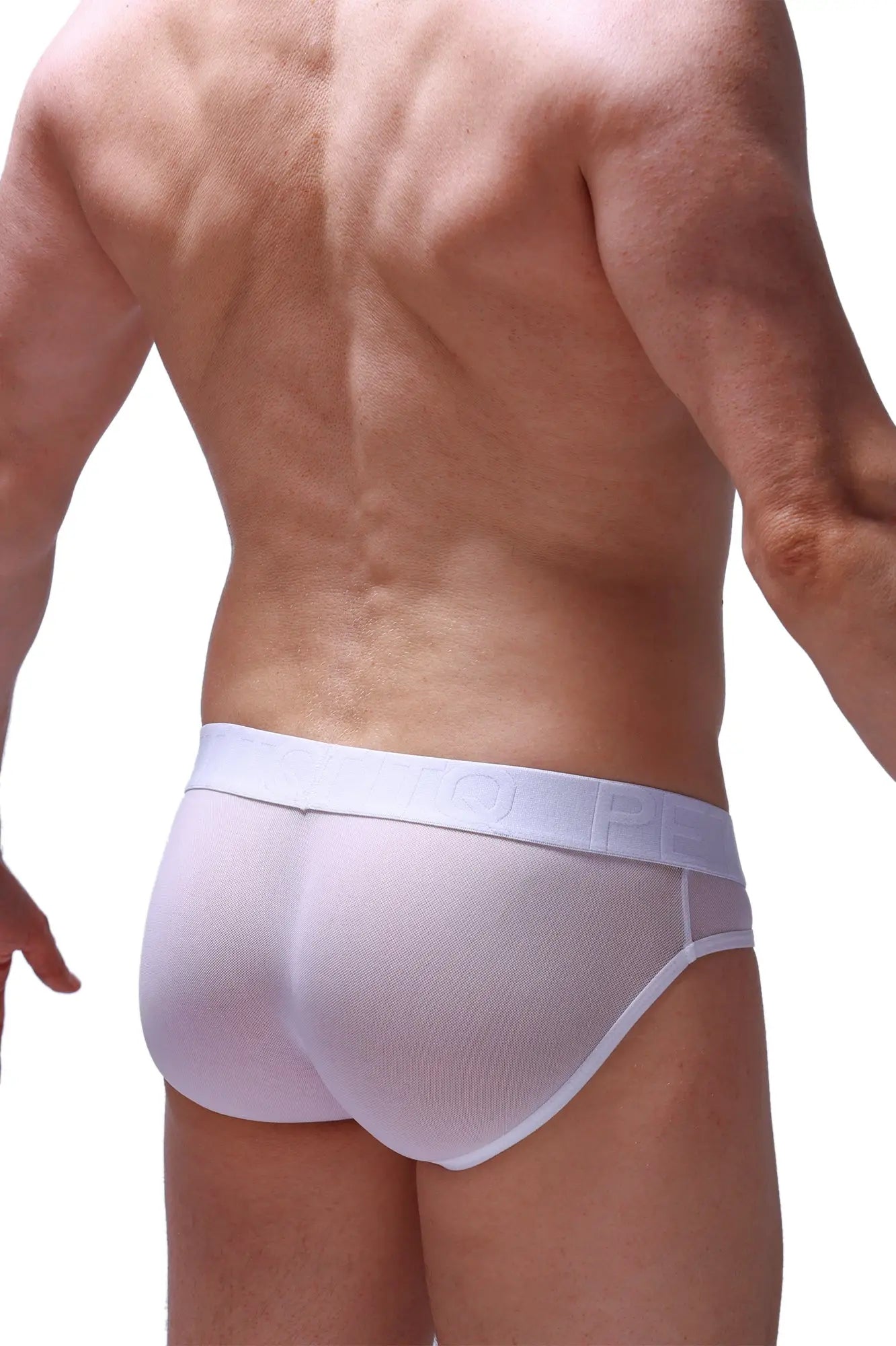 White mesh briefs with a smooth elastic waistband made of breathable net fabric in white color