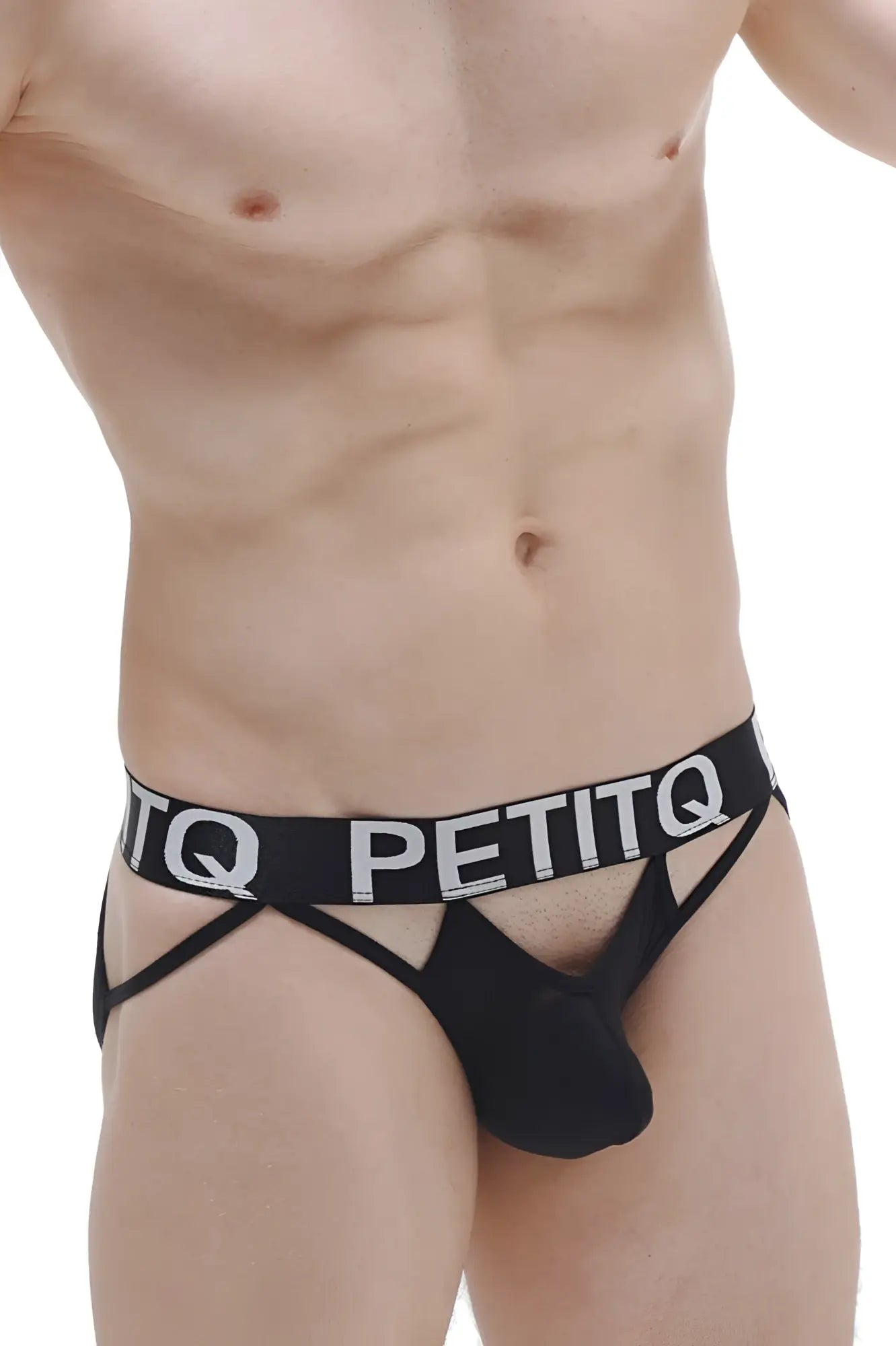 Black petitq brief mano briefs with wide waistband white lettering and crisscross straps for stylish comfort