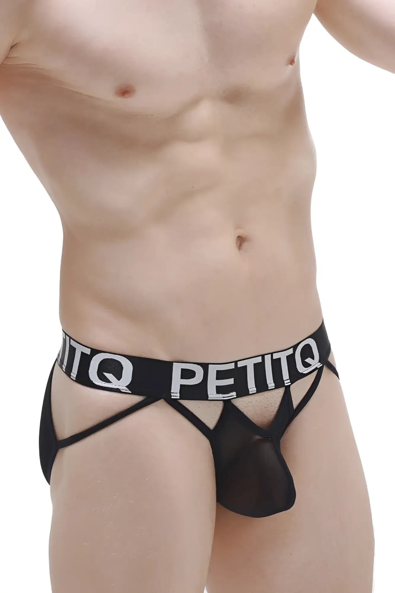 Black petitq brief mano net men’s underwear with sheer mesh front and bold white lettering on waistband