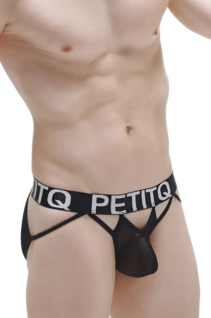 Black petitq brief mano net men’s underwear with sheer mesh front and bold white lettering on waistband