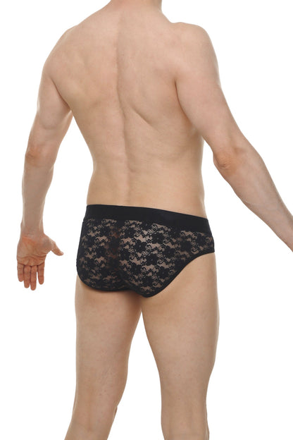 Black lace briefs with a solid black waistband from brief maray lace black collection front view