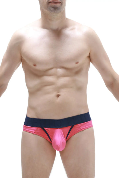 Bright pink satin-like men’s briefs brief matraux fuchsia with navy blue waistband and black trim