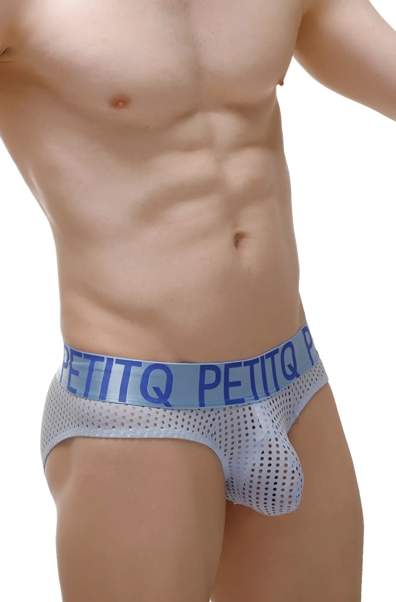 Light blue mesh petitq men’s briefs with a solid blue waistband and white brand name mega bulge durtol sky blue