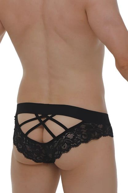 Black lace thong brief miers with crisscross back and delicate floral patterns in black lace material