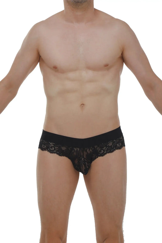Brief miers lace black underwear featuring intricate floral lace patterns and a solid waistband