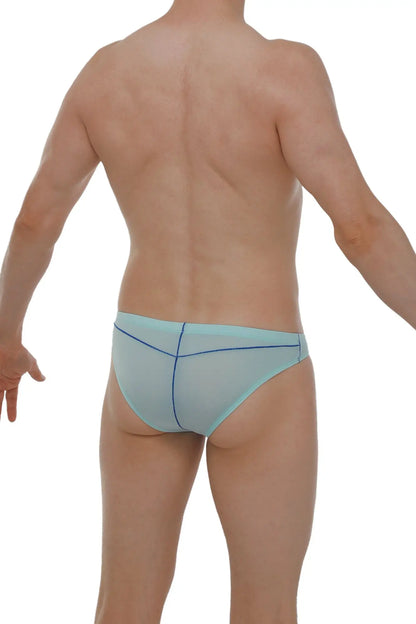 Brief mison plum sky blue light blue sheer mesh briefs with thin navy blue stitching along the seams