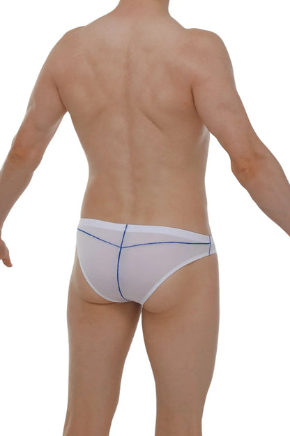 White mesh briefs with blue stitching details from brief mison plum white collection showcasing breathable fabric