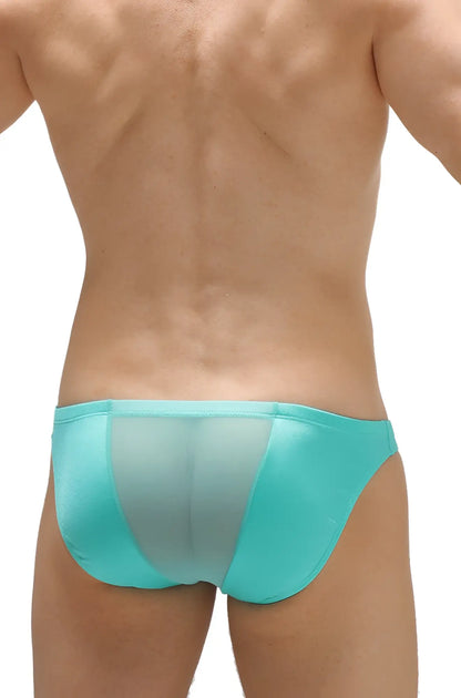 Brief myennnes joe green turquoise mesh briefs with a solid fabric back panel shown from the back side