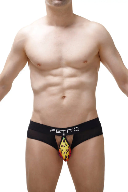 Black petitq men’s briefs with vibrant yellow and red leopard-print pouch from brief nouans leopard rainbow collection