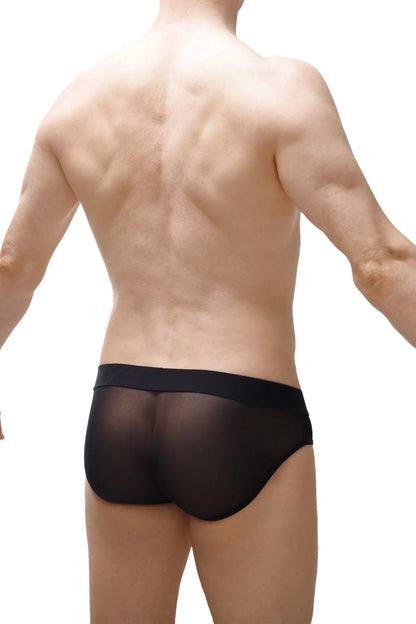 Black sheer mesh briefs with solid black waistband from brief nouans leopard rainbow collection front view