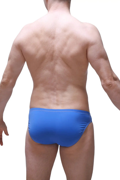 Brief open miarel blue bright blue form-fitting swim trunks with smooth stretchy fabric and subtle waistband stitching
