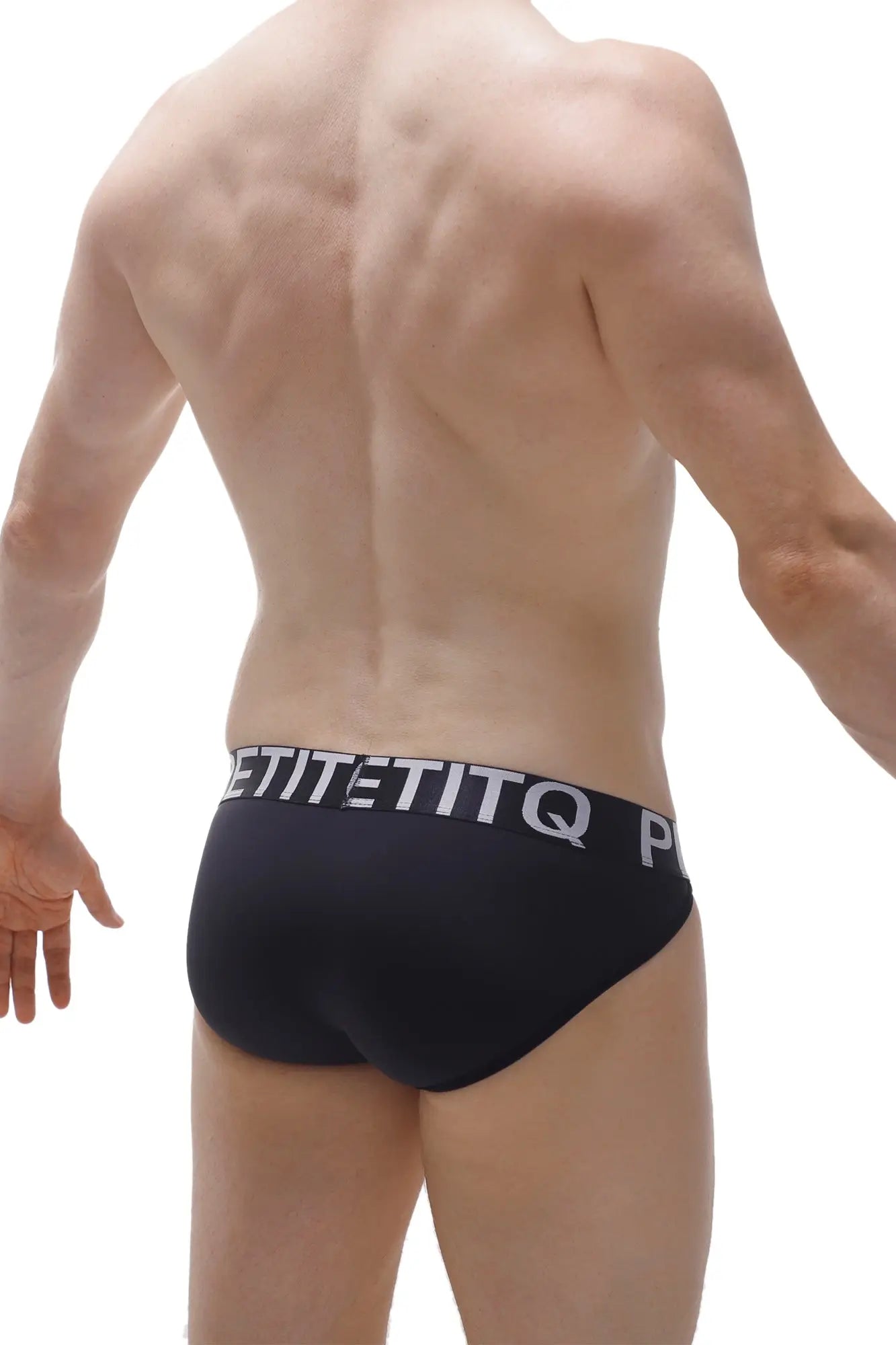 Black men’s briefs passa with white petitetiq logo band designed for comfort and support in black fabric