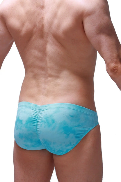 Light blue tie-dye swim trunks brief peraut marbre green with ruched back design for stylish beachwear