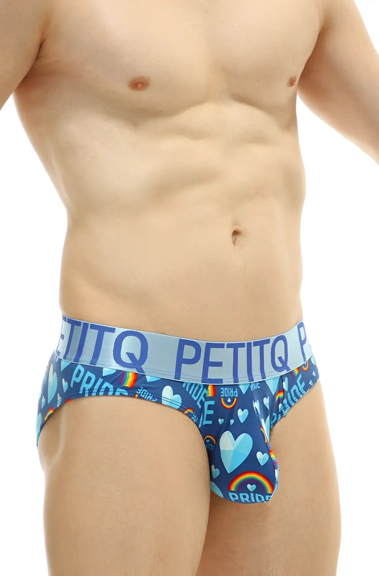 Blue Brief PetitQ men’s briefs featuring vibrant rainbow heart pattern and pride text for supportive wear